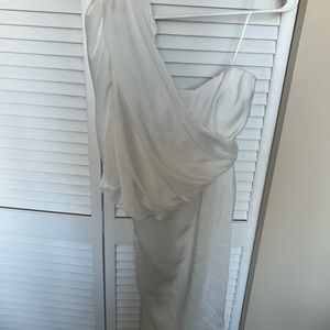 White, one shoulder, and polyester dress.